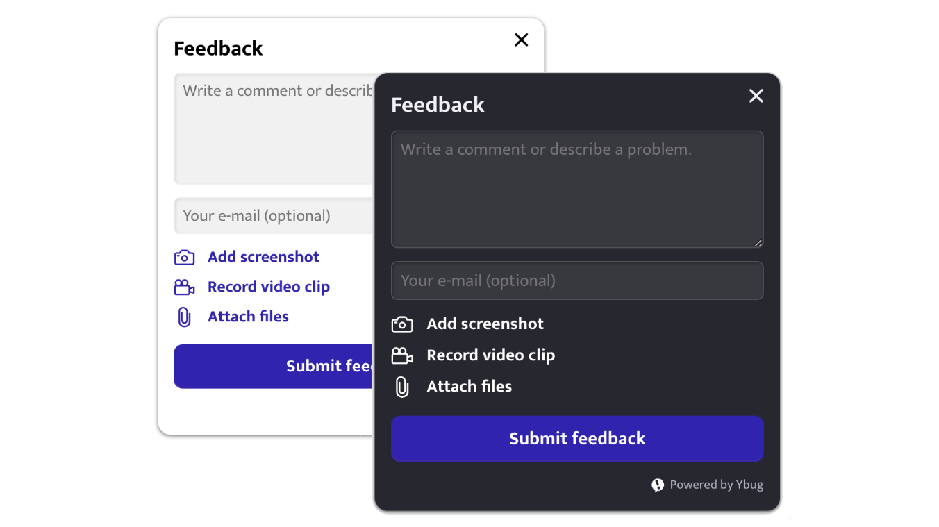 Dark-themed application with the Ybug feedback widget matched to the dark aesthetic.
