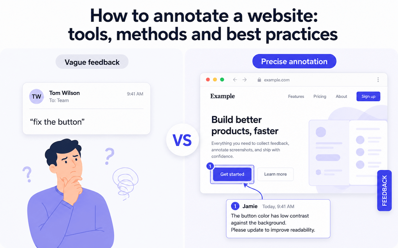 Comparison of vague email feedback versus annotated website screenshot showing exact element to fix