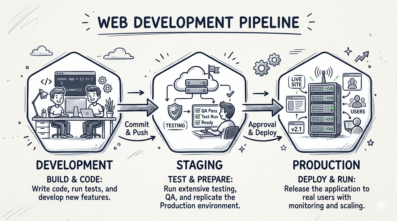 Diagram showing the development, staging, and production environment pipeline in web development