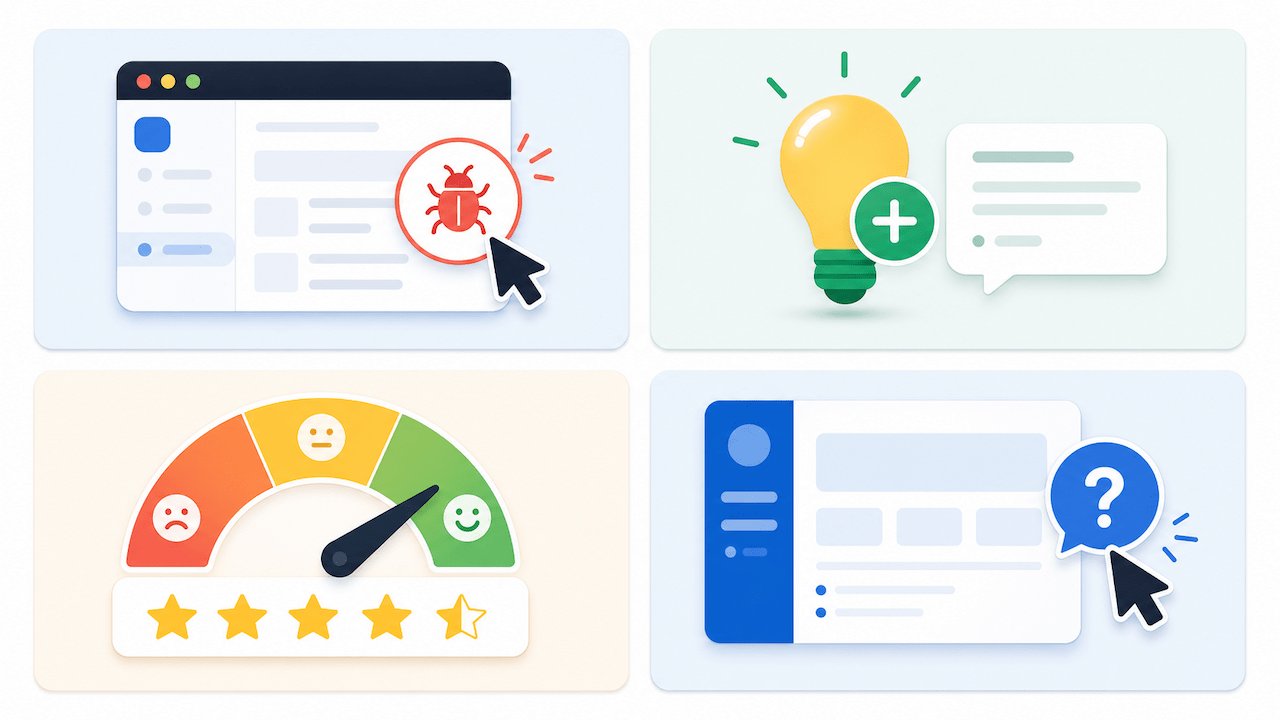 Four types of in-app feedback: bug reports, feature requests, satisfaction ratings, and usability prompts