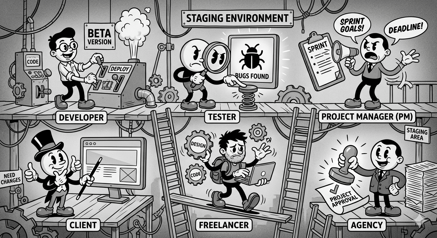 Different roles using a staging environment — developers, QA testers, project managers, clients, freelancers, and agencies