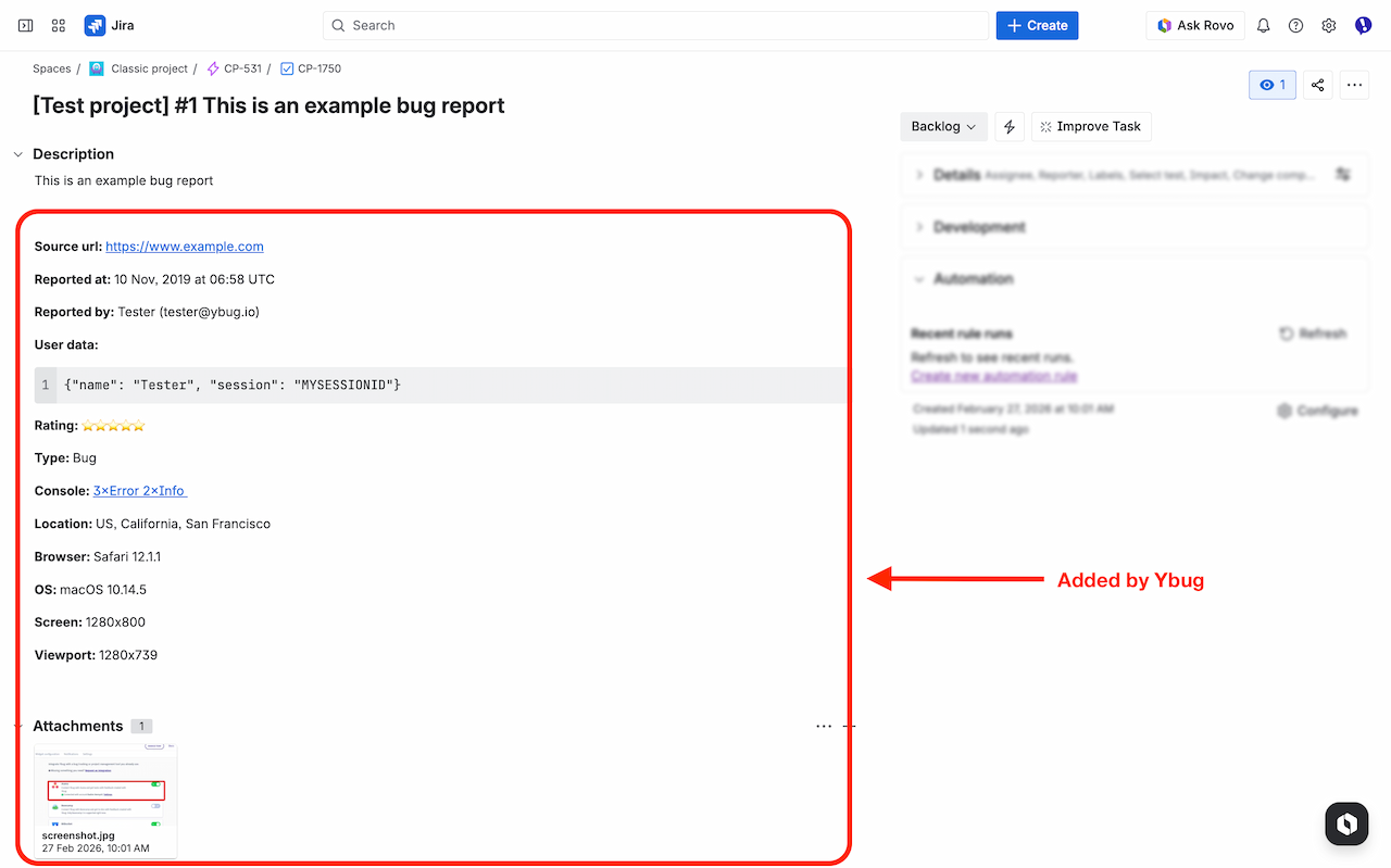 Sample Jira report from Ybug