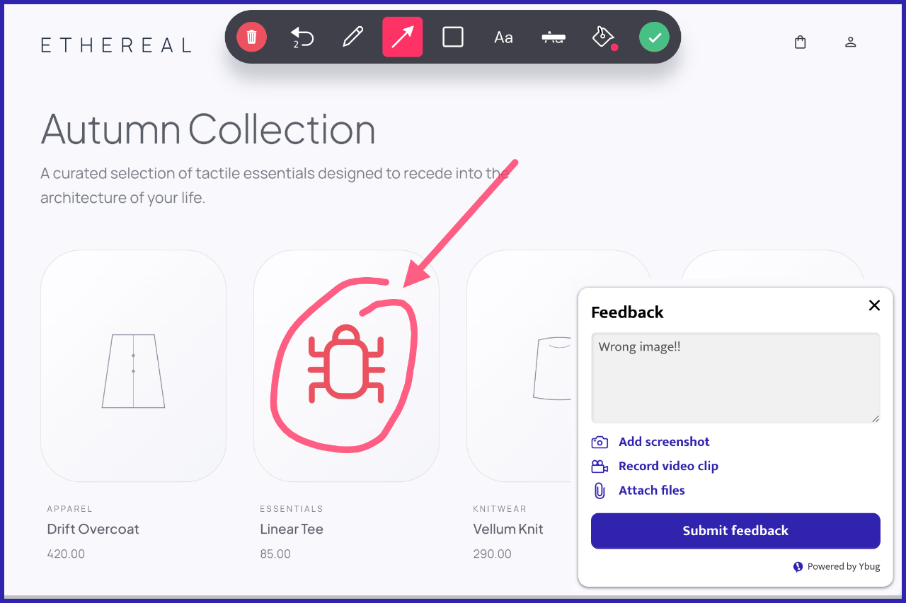 Ybug feedback widget open on a website during UAT testing
