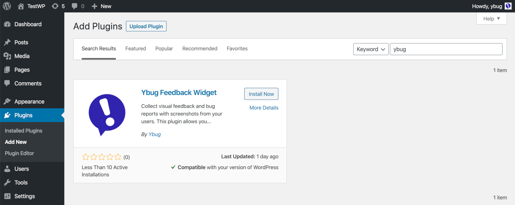 Install Ybug Feedback Widget plugin