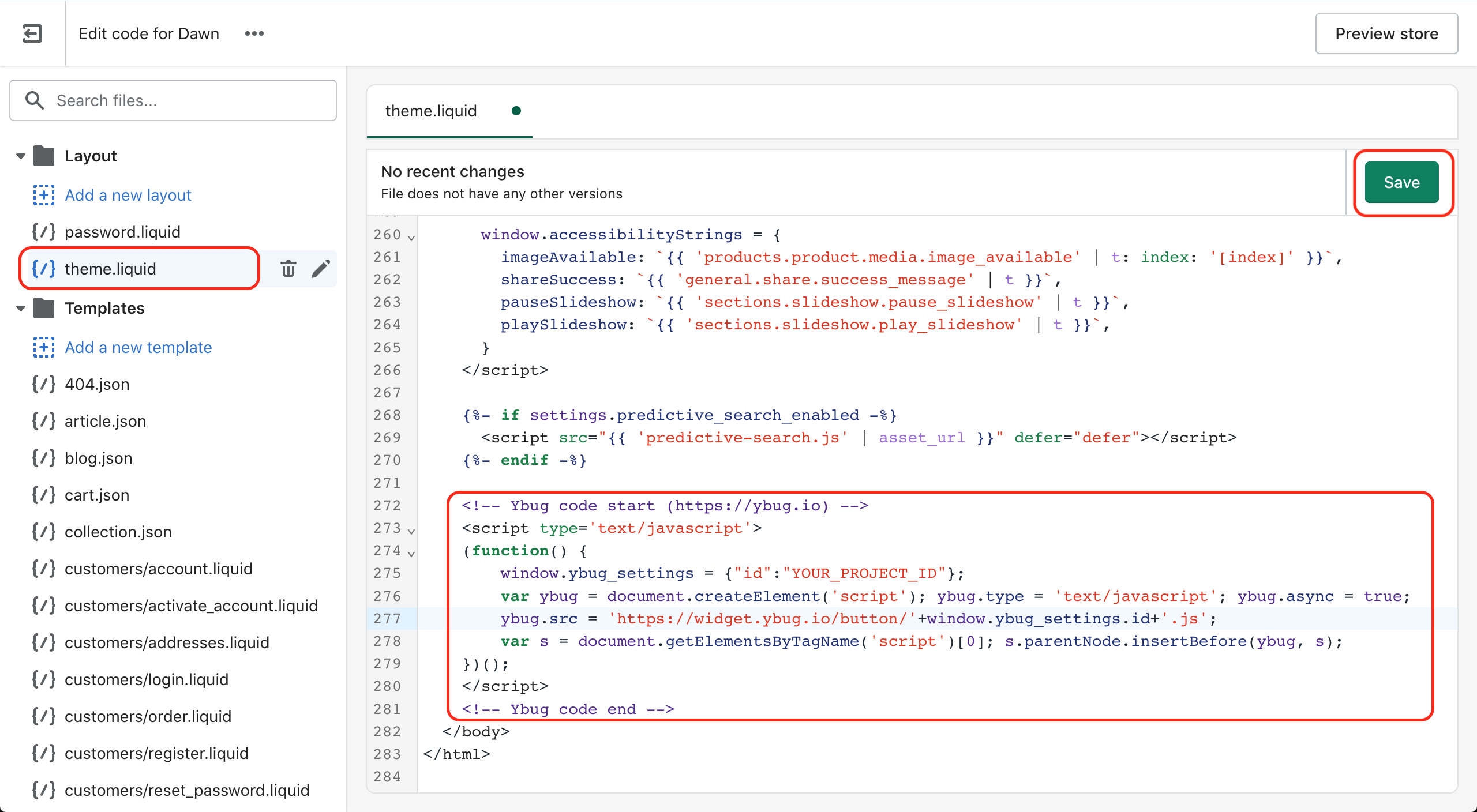 Shopify – paste the code