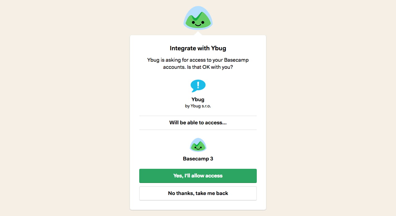 Basecamp authorization page