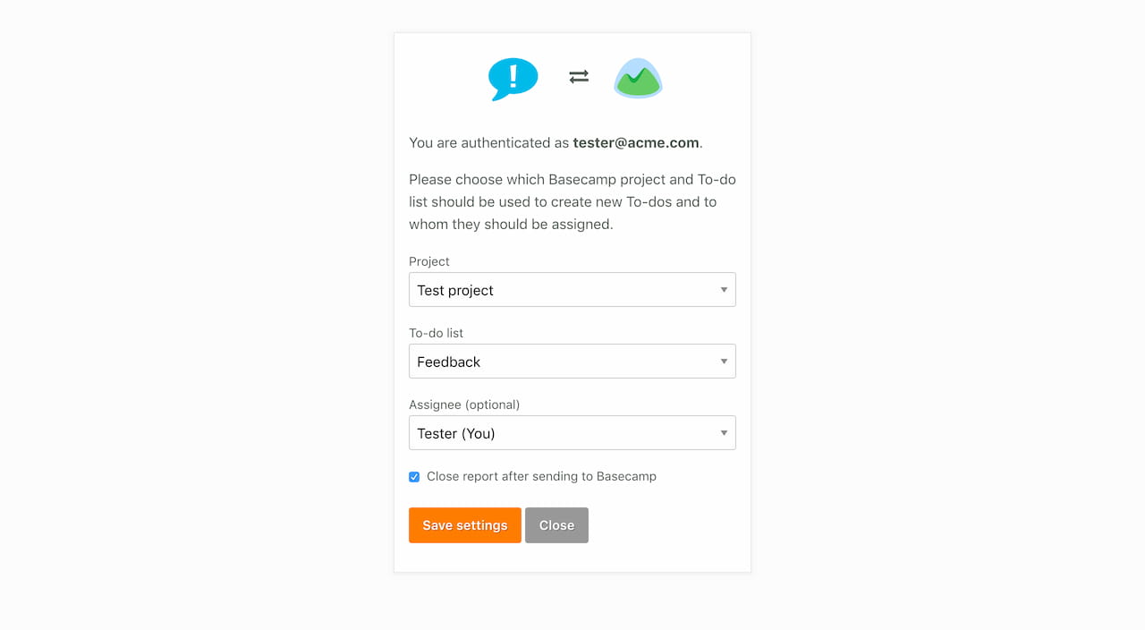 Ybug + Basecamp integration settings