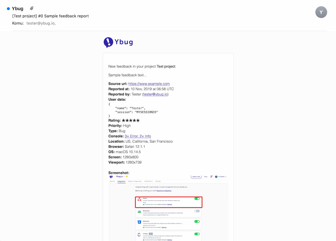 Ybug email notification with feedback, screenshot, URL, and browser context
