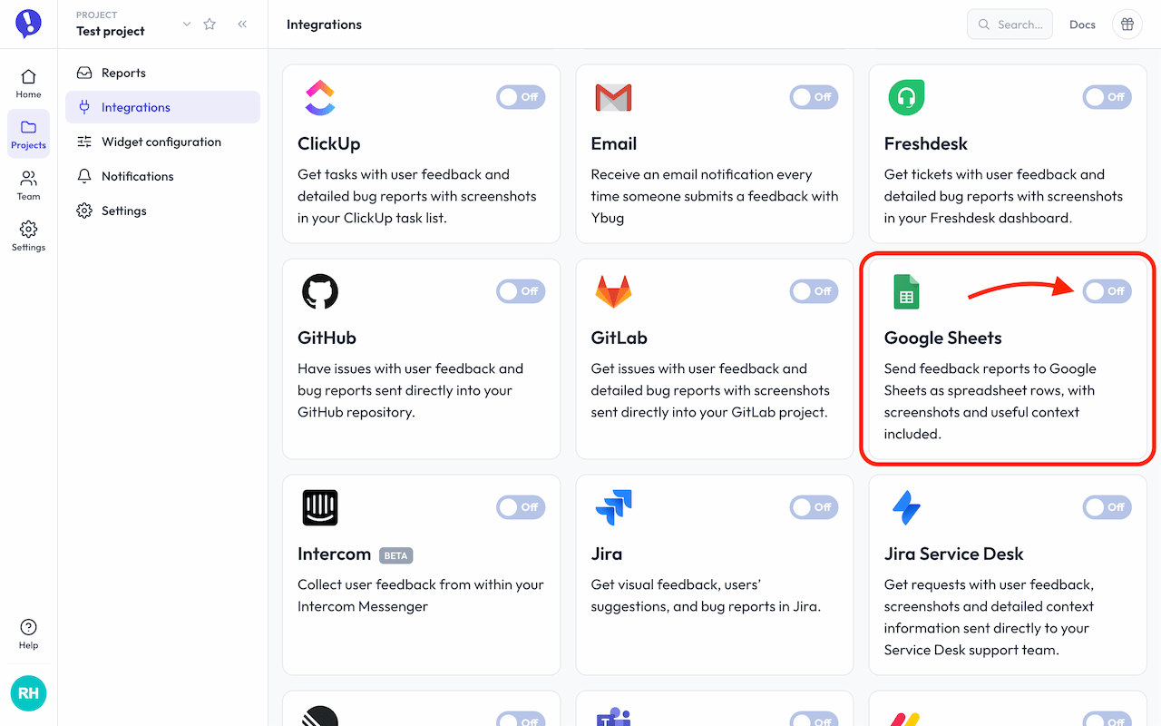 Google Sheets integration setup - enable the integration
