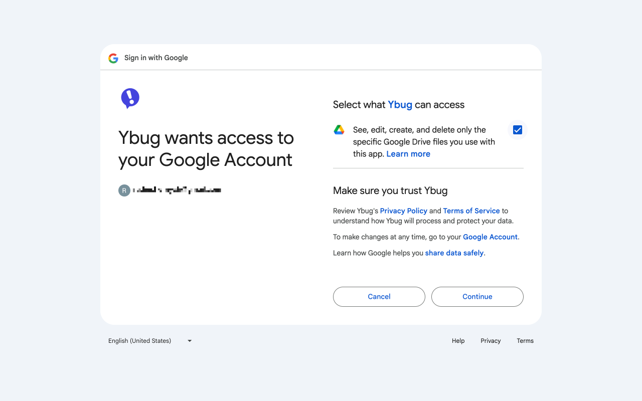 Google Sheets integration setup - authorize Ybug to access Google