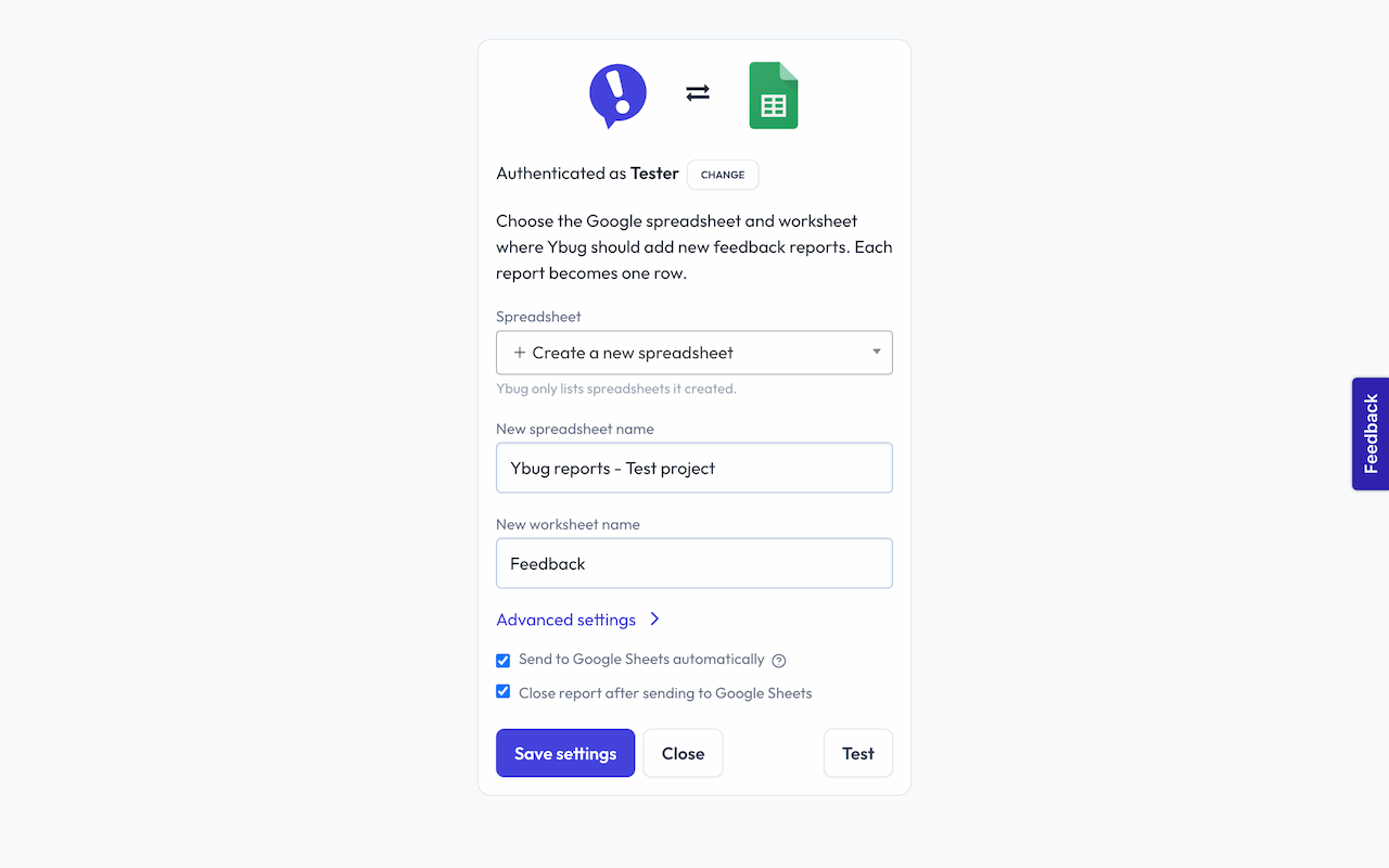 Google Sheets integration setup page