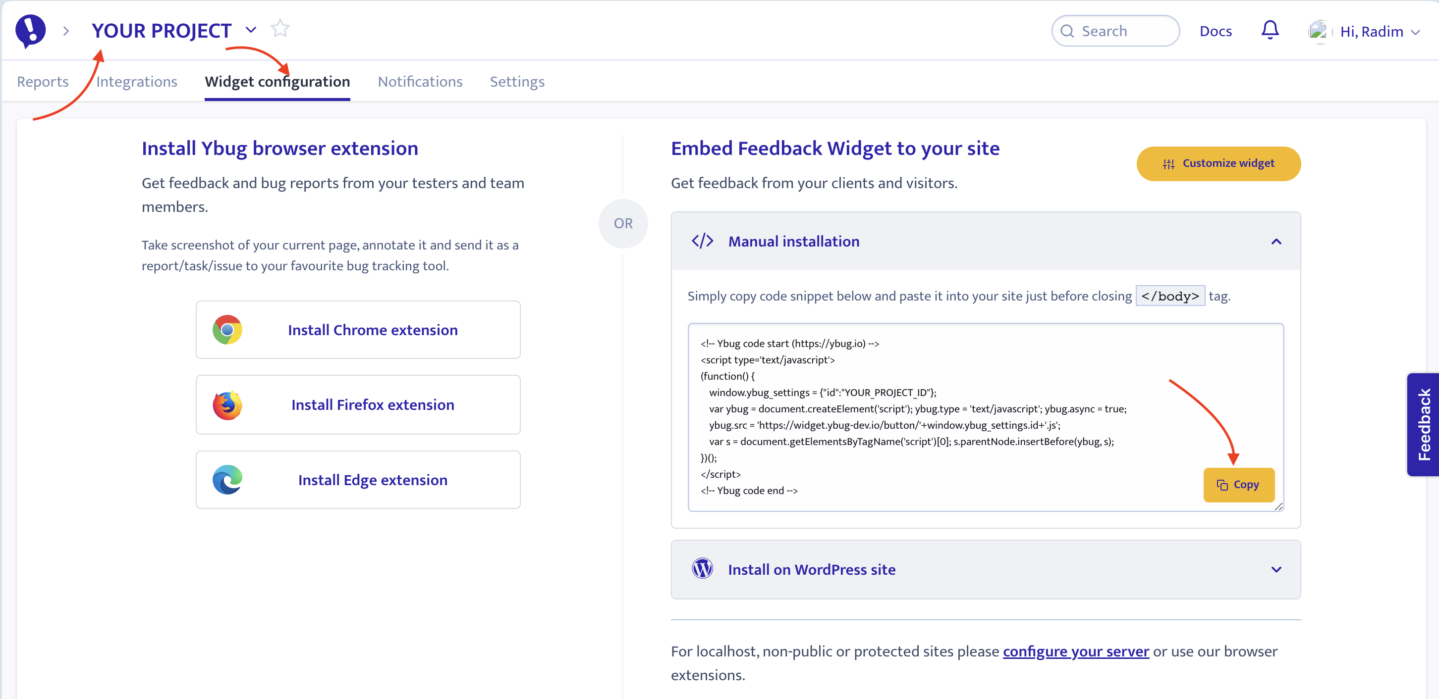 Ybug + Intercom - install Ybug's snippet