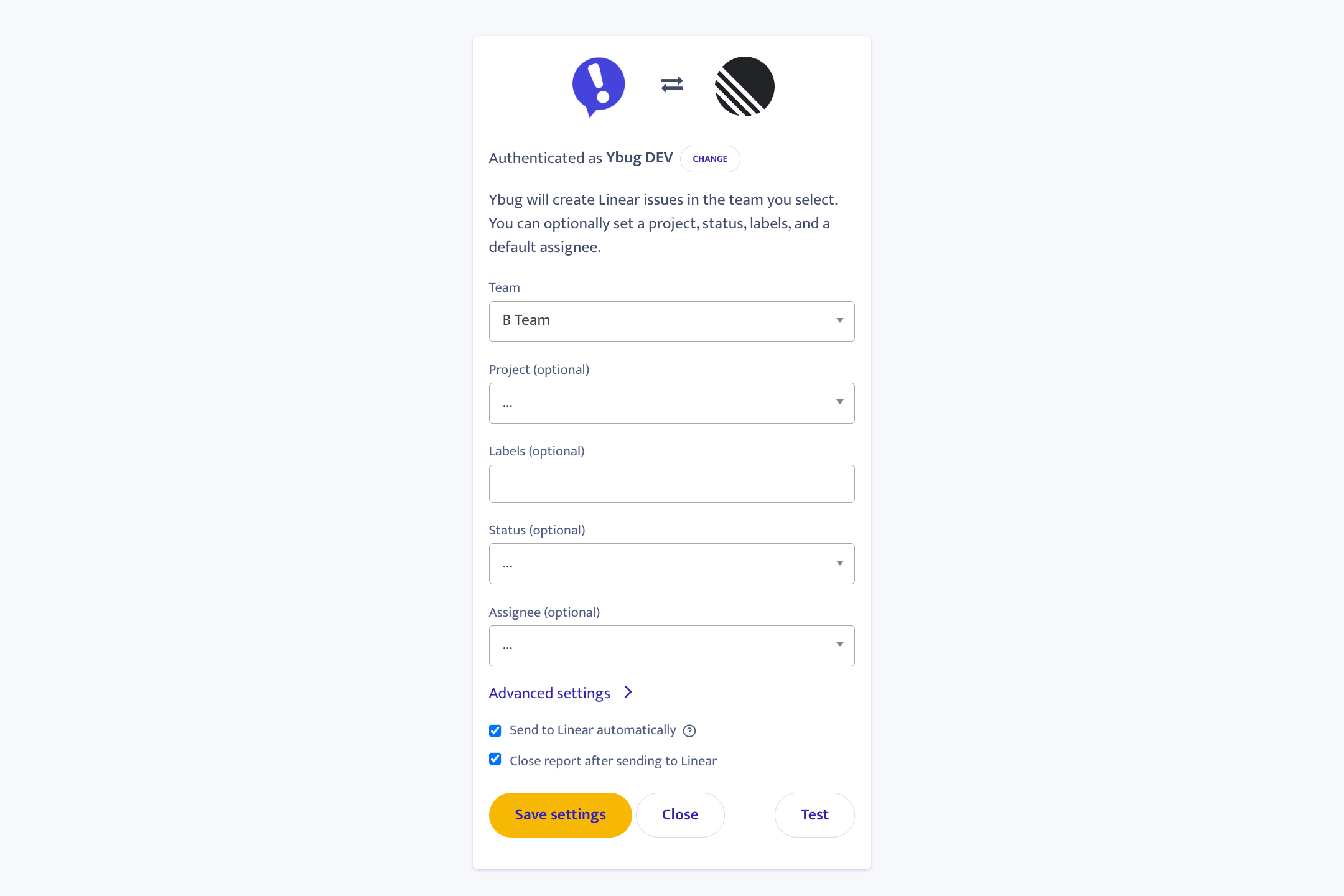 Ybug + Linear integration settings
