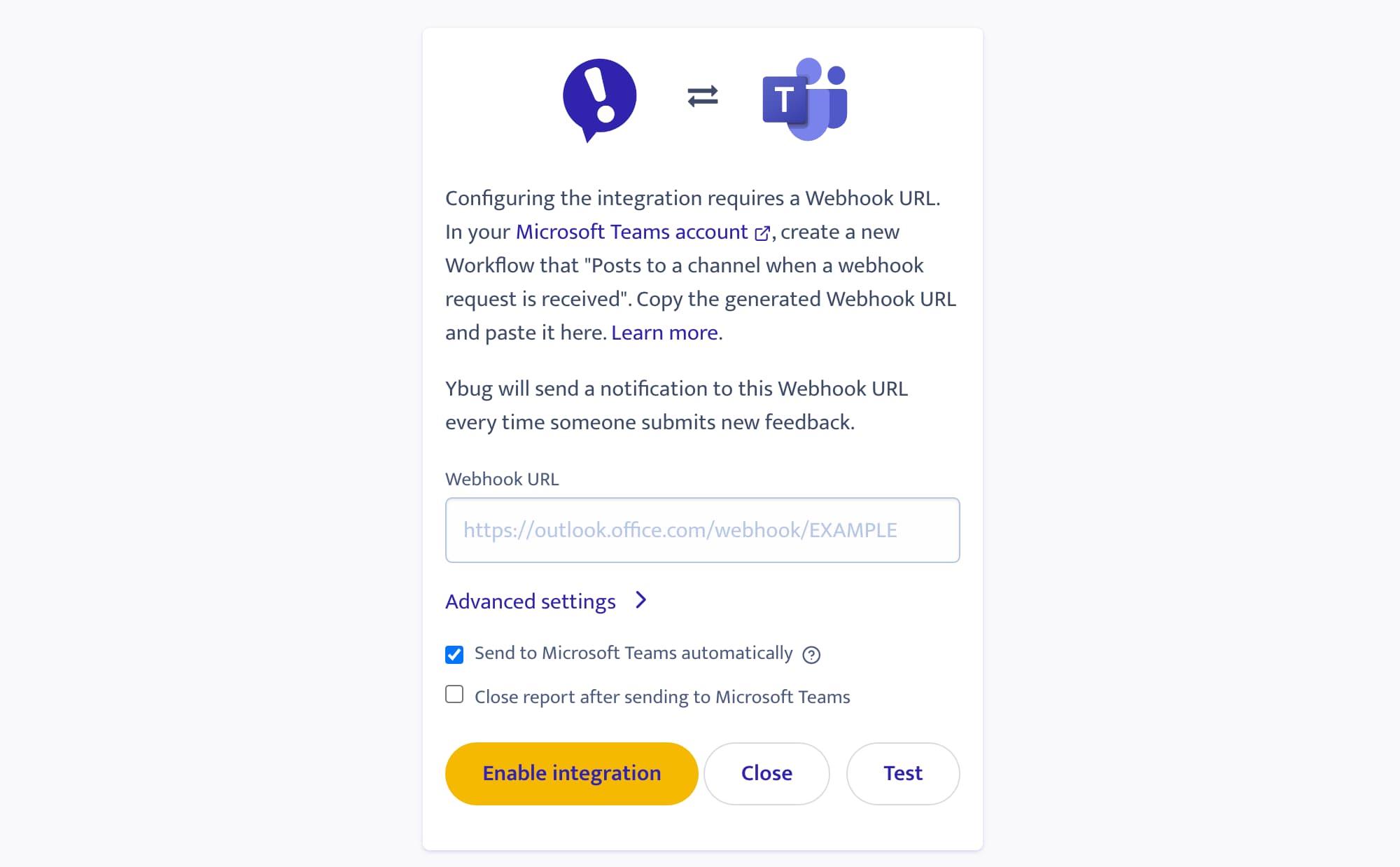 Microsoft Teams integration settings