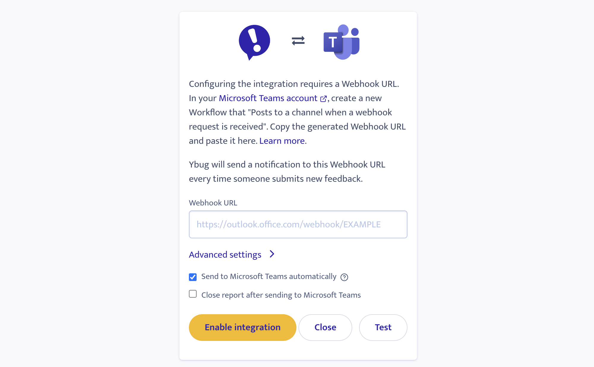 Microsoft Teams integration settings