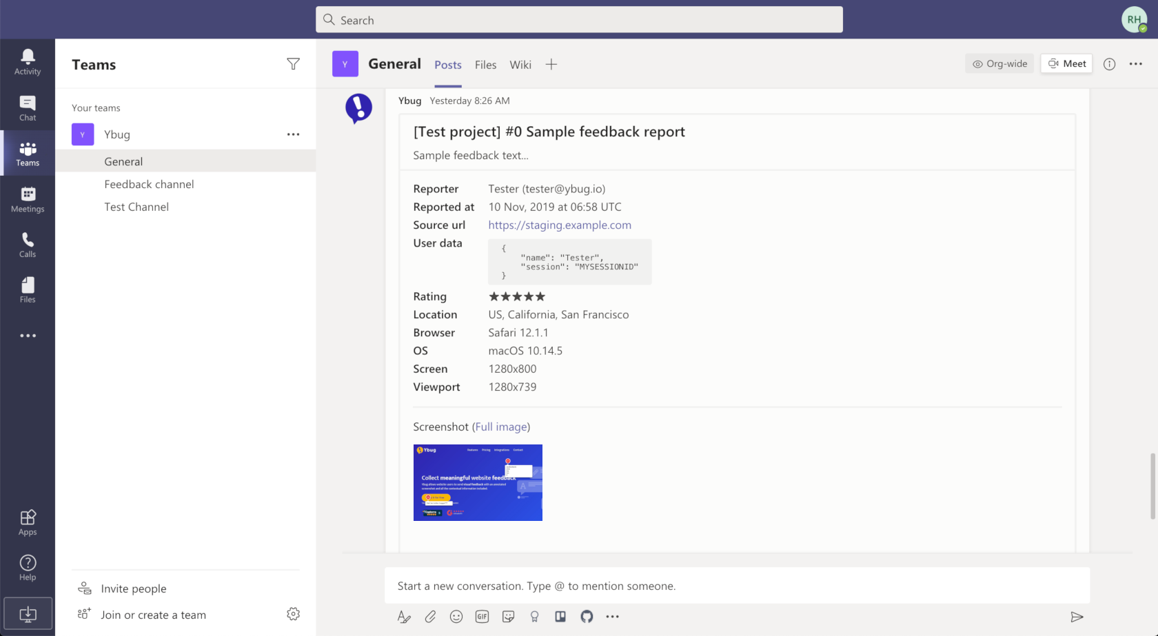 Example notification created by Ybug