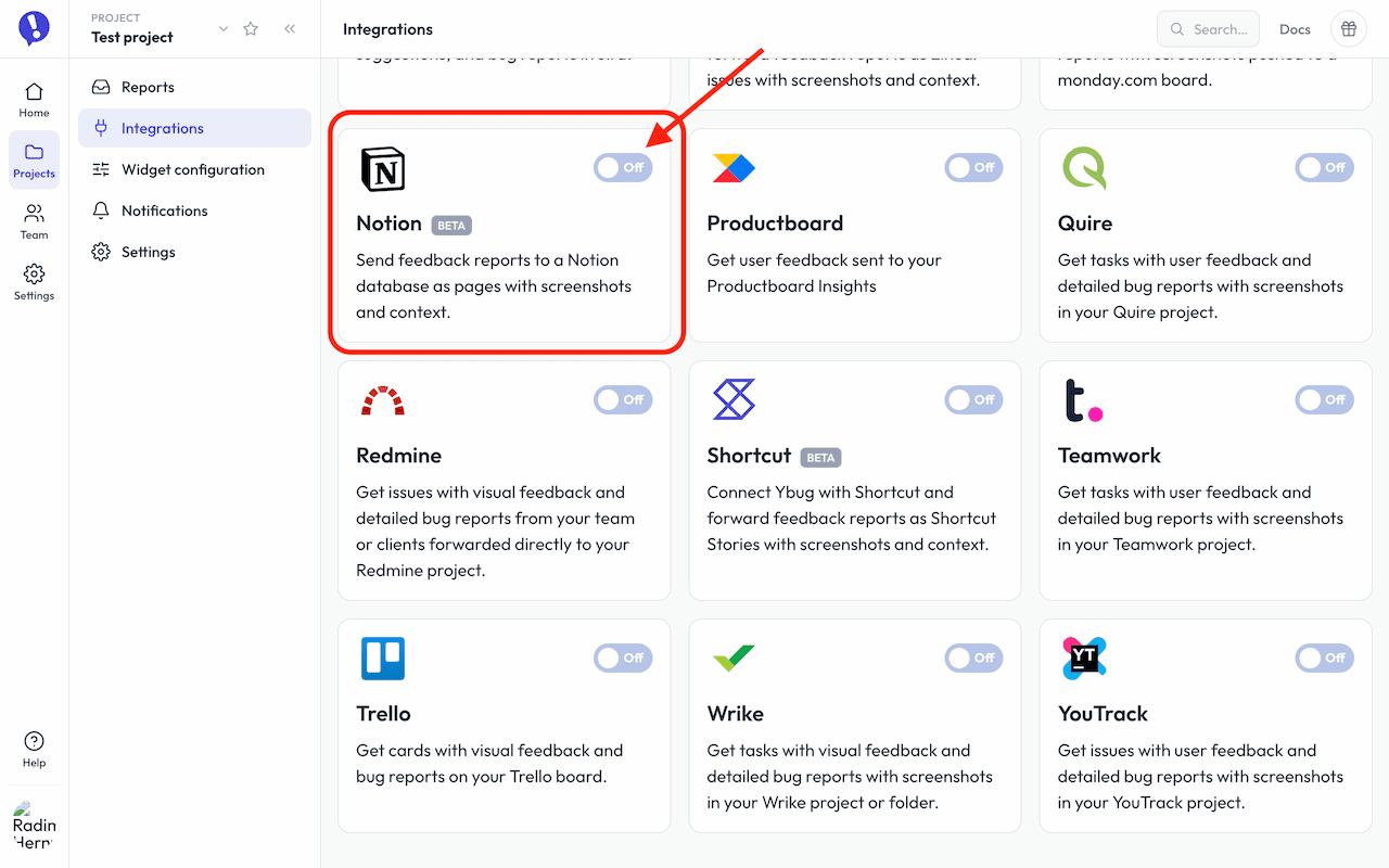 Enable Notion integration in Ybug