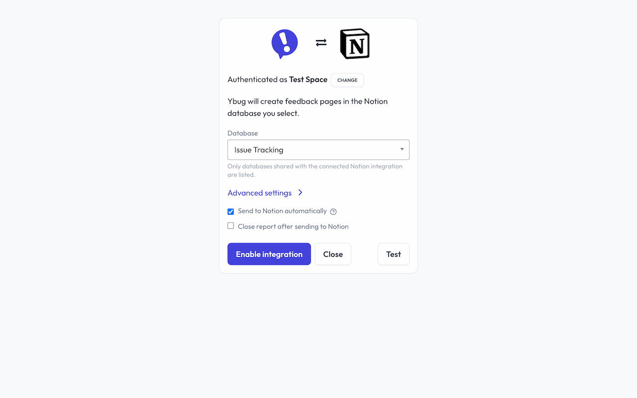 Notion integration setup page