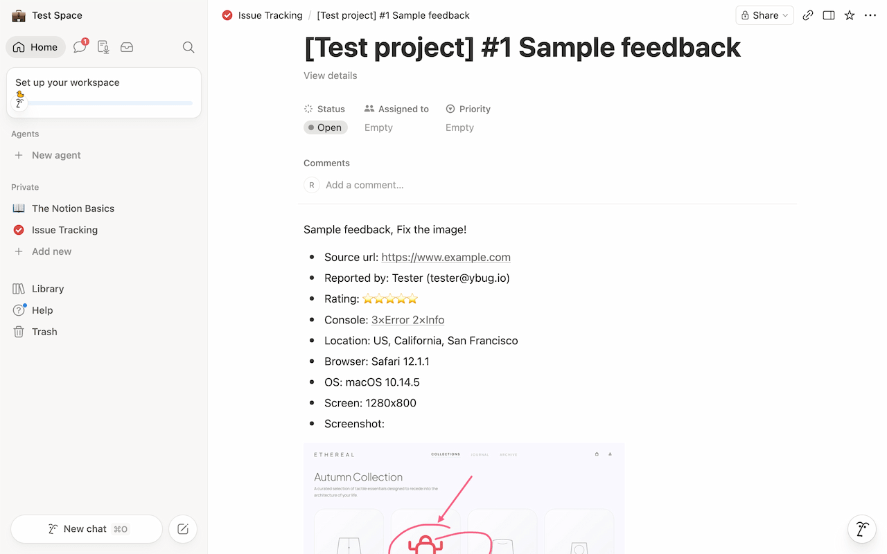 Ybug integration settings for forwarding visual feedback into Notion
