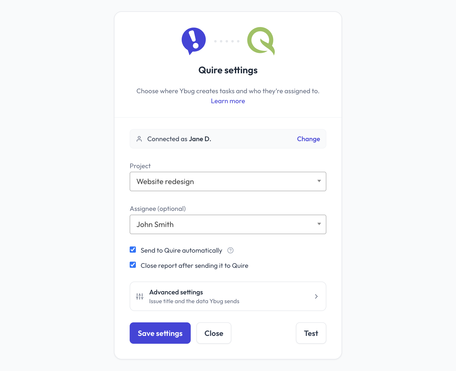 Ybug + Quire integration settings