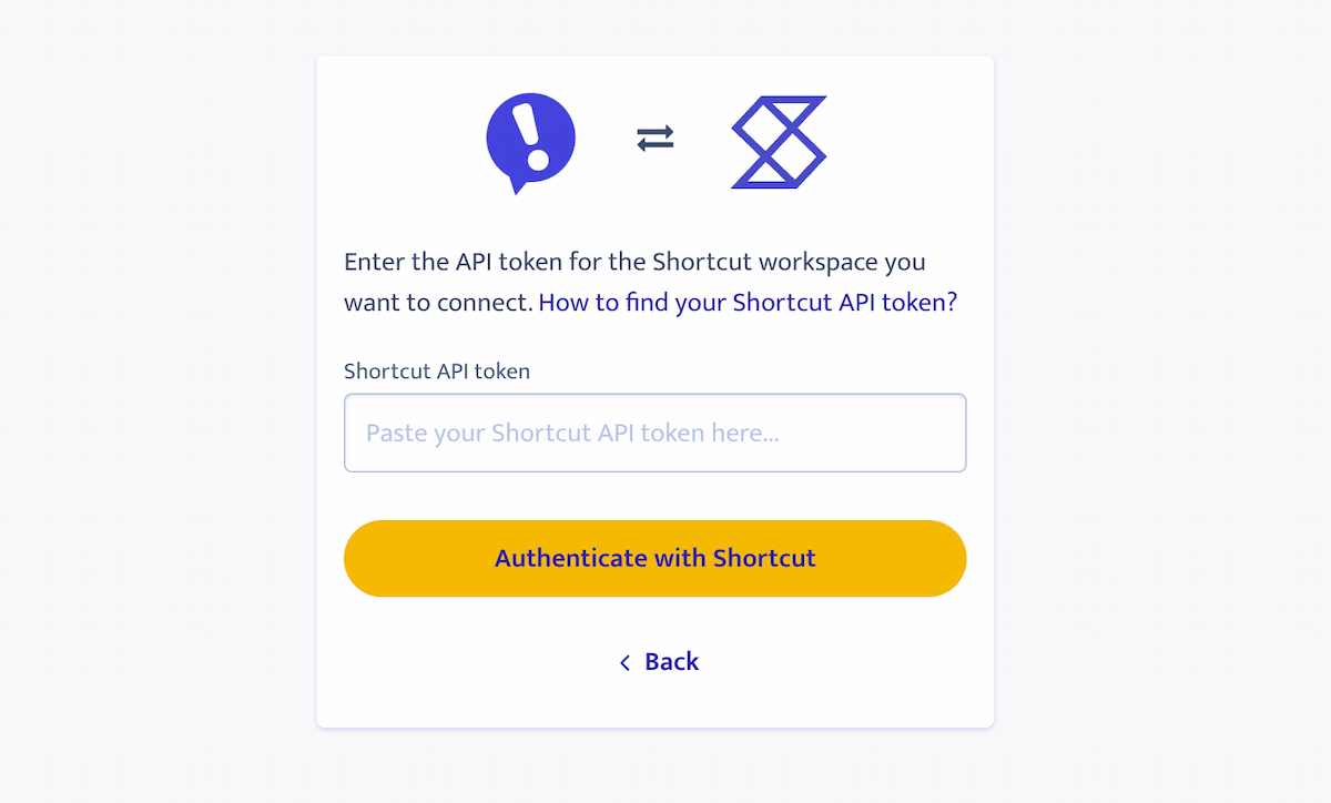 Ybug Shortcut authentication page with the Shortcut API token field