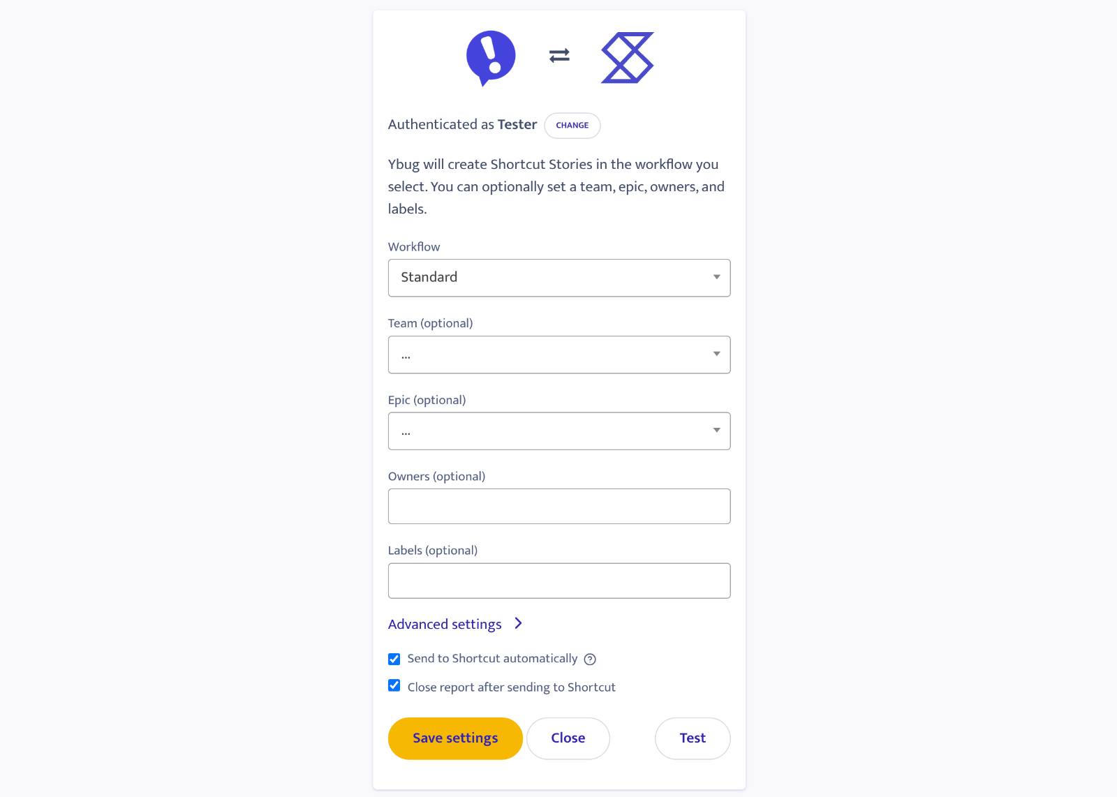 Ybug Shortcut integration settings form with workflow, team, epic, owners, and labels