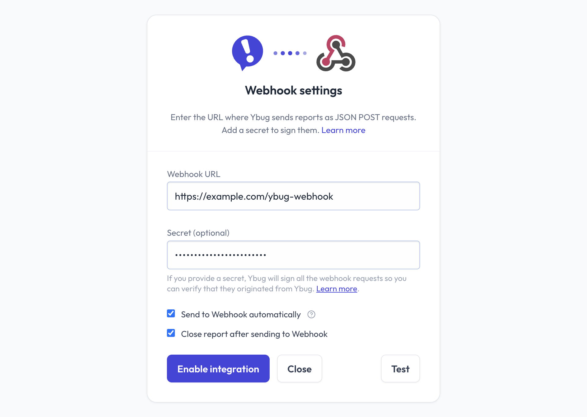 Ybug webhook settings