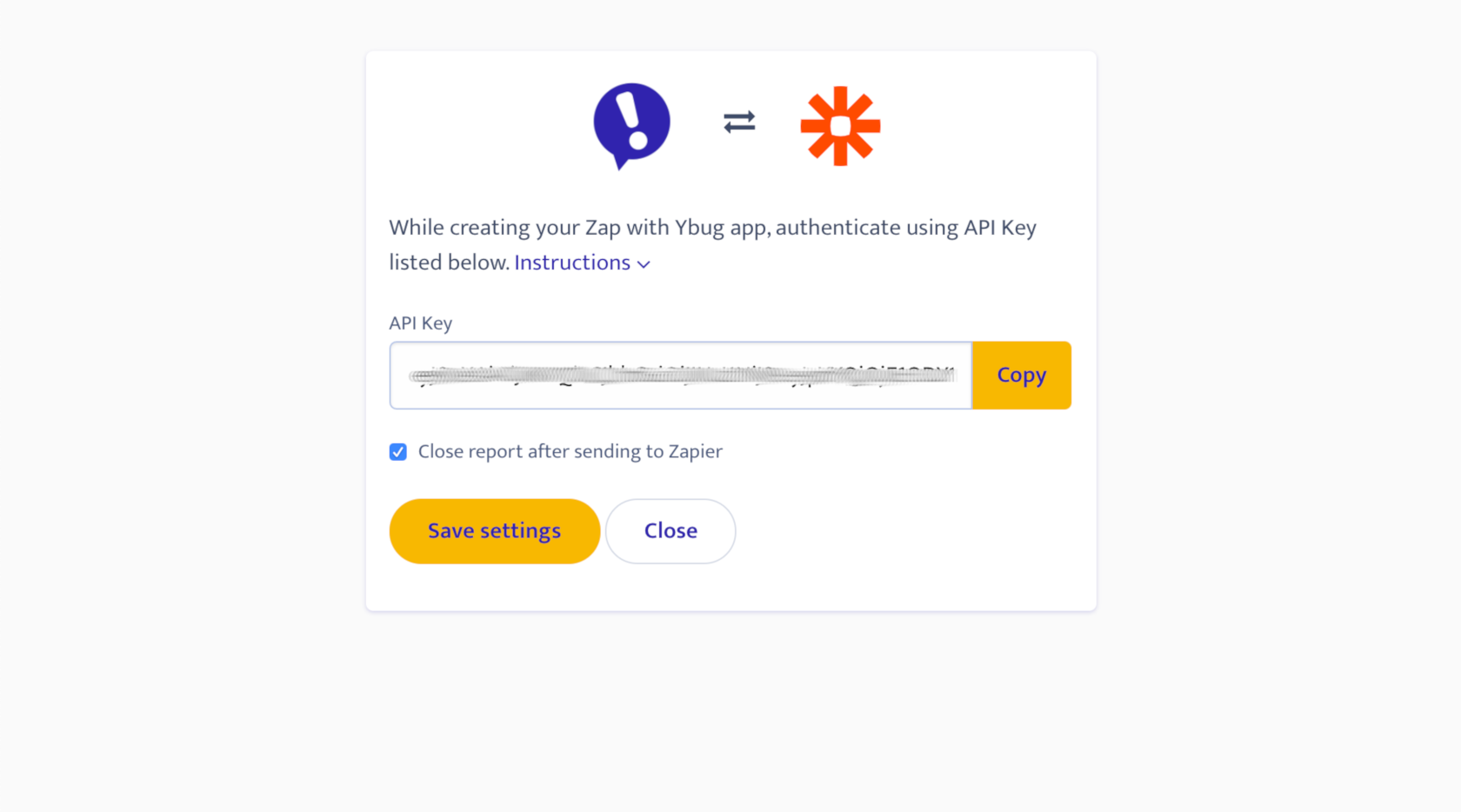 Ybug + Zapier authenticate with API Key