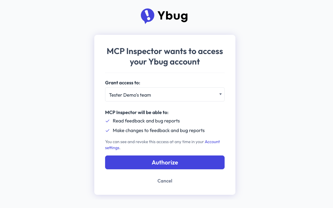 Ybug consent screen with the team picker, the requested permissions and the Authorize button