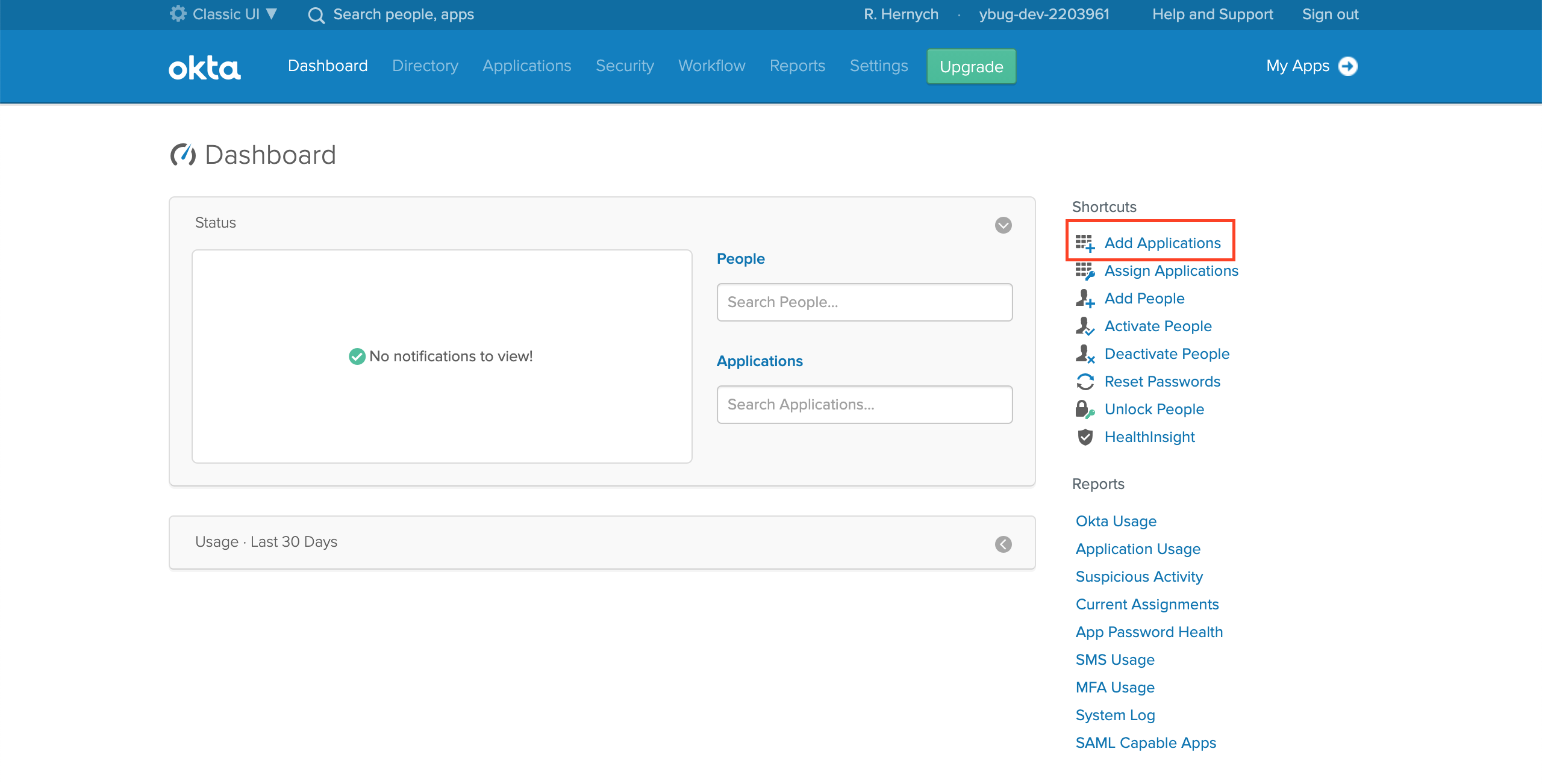 Click Add applications in Okta Admin Dashboard