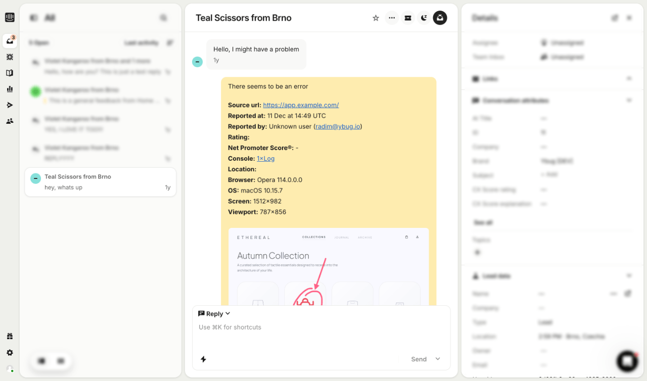 Ybug and Intercom integration for collecting visual feedback from Messenger conversations