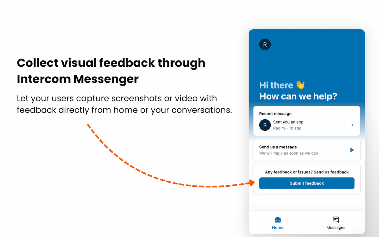 Ybug Feedback action shown inside the Intercom Messenger widget on a website